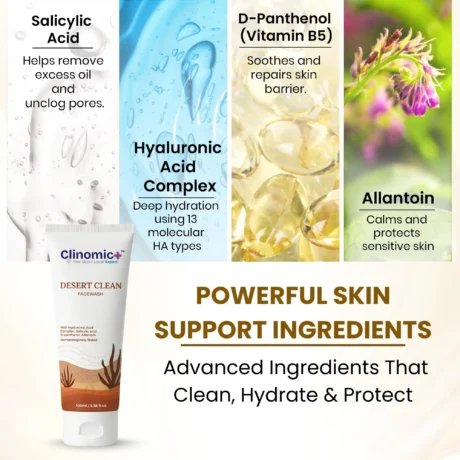 Clinomic Plus Desert Clean Facewash enriched with allantoin and panthenol for skin soothing