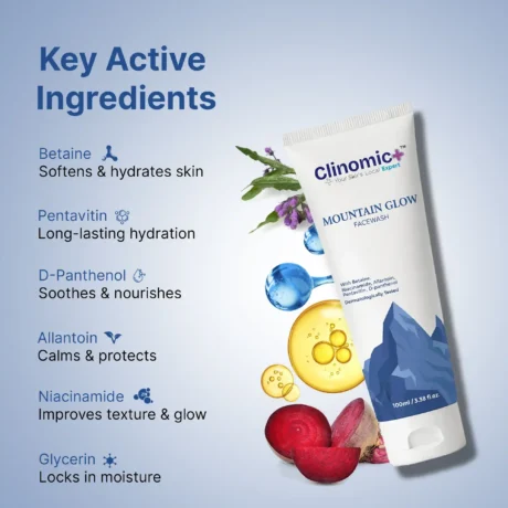 Clinomic Plus Mountain Glow hydrating cleanser with moisturizing winter care formula
