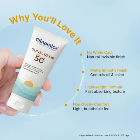 Clinomic Plus non sticky sunscreen for Indian skin with lightweight comfortable finish