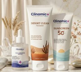 Clinomic Plus Hot & Dry Skincare Kit – Face Wash, Serum & SPF 50+ Sunscreen for Hot & Dry Climate | For Normal & Combination Skin | Complete Skincare Routine for Indian Skin