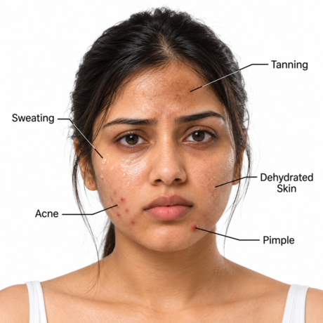 Hot and dry weather skin concerns including tanning, sweating, dehydration, acne and pimples on Indian skin